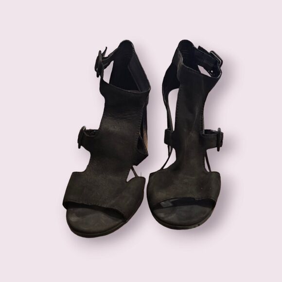 Aldo Black Suede Block Heels Size 8 Meygan-93 BUCKLE SANDAL PEEP TOE - Picture 10 of 16